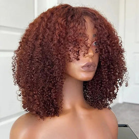 Layered Curly Wig Brown Auburn Color Double Drawn Human Hair Wigs 250% Density Glueless Drawstring 5x5 HD Lace