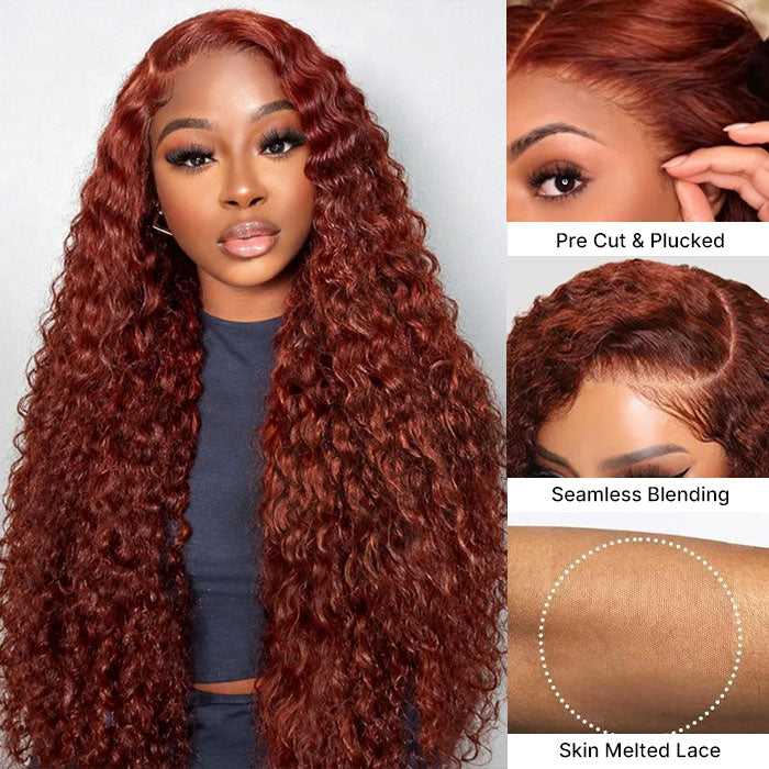 #33 Reddish Brown Water Wave Glueless Wig Big Parting 8x5 HD Lace Closure Wigs Ready To Wear