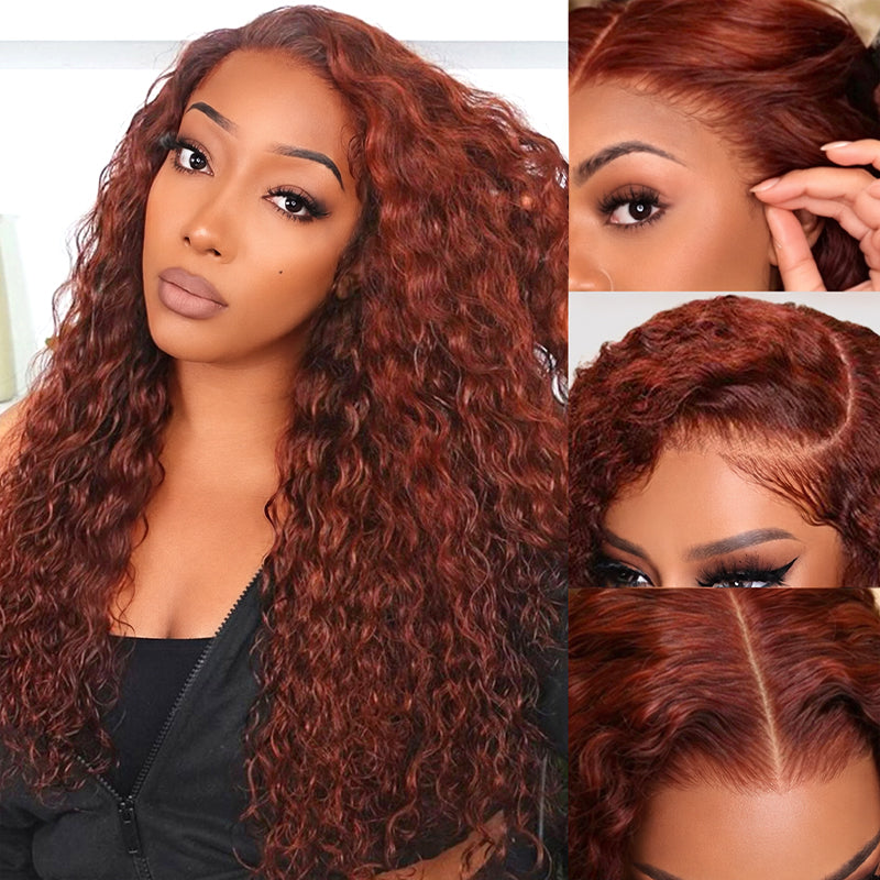 Reddish Brown Glueless Water Wave Wig With Drawstring 100% Human Hair Wig with Pre Plucked Natural Hairline