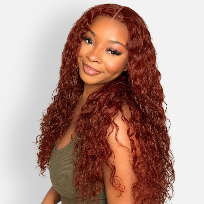 #33 Reddish Brown Water Wave Glueless Wig Big Parting 8x5 HD Lace Closure Wigs Ready To Wear