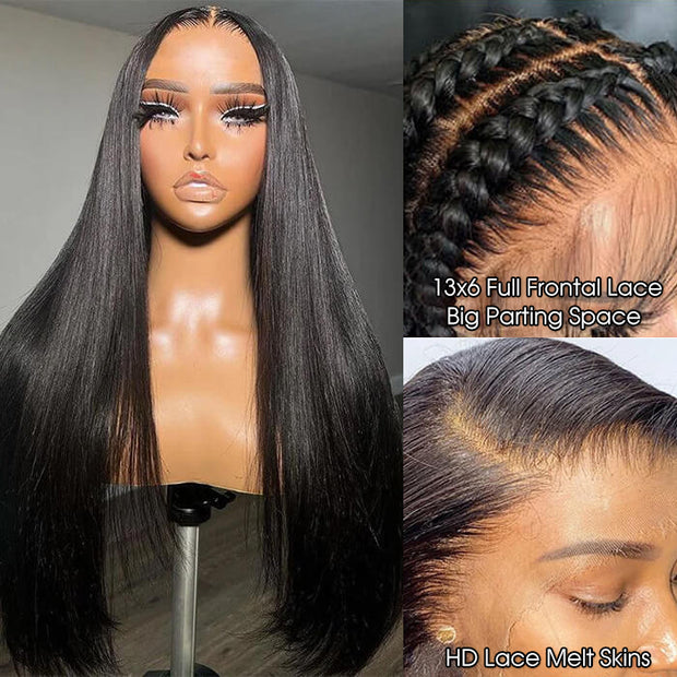 Straight 13x6 Full Frontal Wig Skin Melt HD Lace Wig Pre Plucked & Bleached Glueless Wig For Women