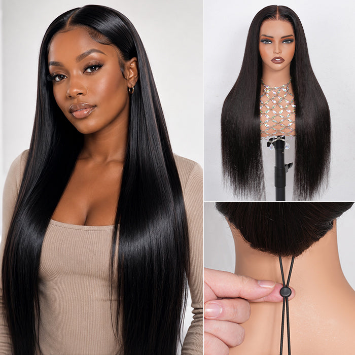 Straight 13x6 Full Frontal Wig With Elastic Drawstring Skin Melt HD Lace Human Hair Glueless Wig For Women