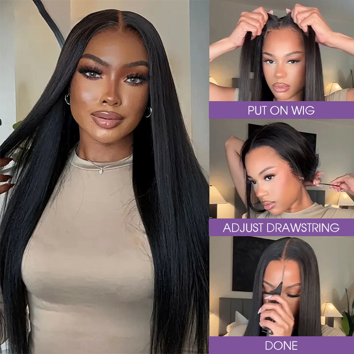 Straight 13x6 Full Frontal Wig With Elastic Drawstring Skin Melt HD Lace Human Hair Glueless Wig For Women