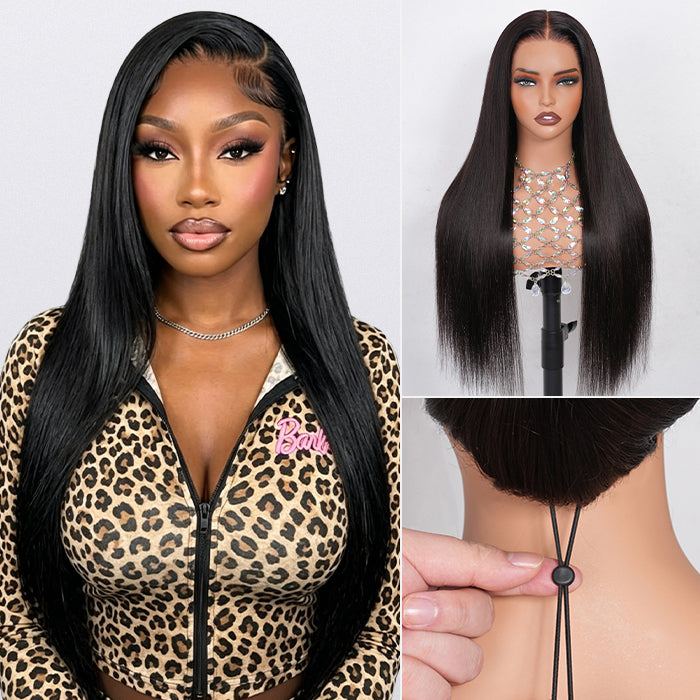 Straight 13x6 Full Frontal Wig With Elastic Drawstring Skin Melt HD Lace Human Hair Glueless Wig For Women
