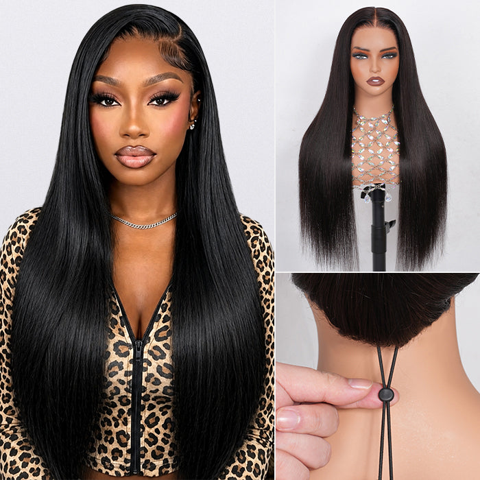 Straight 13x6 Full Frontal Wig With Elastic Drawstring Skin Melt HD Lace Human Hair Glueless Wig For Women
