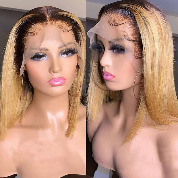 Ombre Blonde T4/27 Straight 13x4 Lace Front Wig Short bob Lace Front Human Hair Wigs