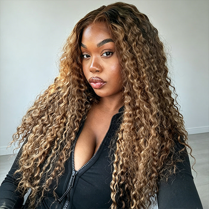 Deep Wave 4/27 Blonde Highlights V/U Part Human Hair Wig Beginner Friendly No Lace Meets Real Scalp