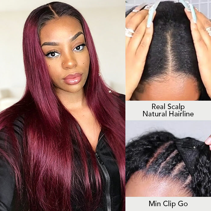 Glueless 1B/99J Straight V/U Part Lace Wig No Leave Out Ombre Burgundy v Part Wig Human Hair