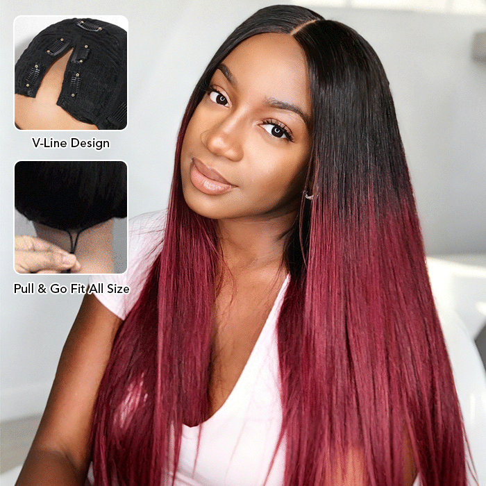 Glueless 1B/99J Straight V/U Part Lace Wig No Leave Out Ombre Burgundy v Part Wig Human Hair