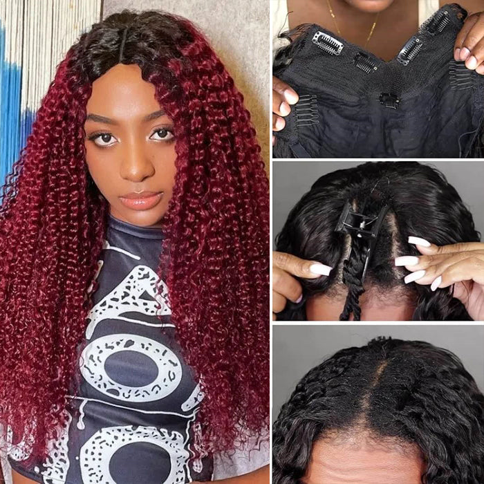 Glueless V/U Part Jerry Curly Wig 99J Burgundy Red Color With Dark Roots Beginner Friendly