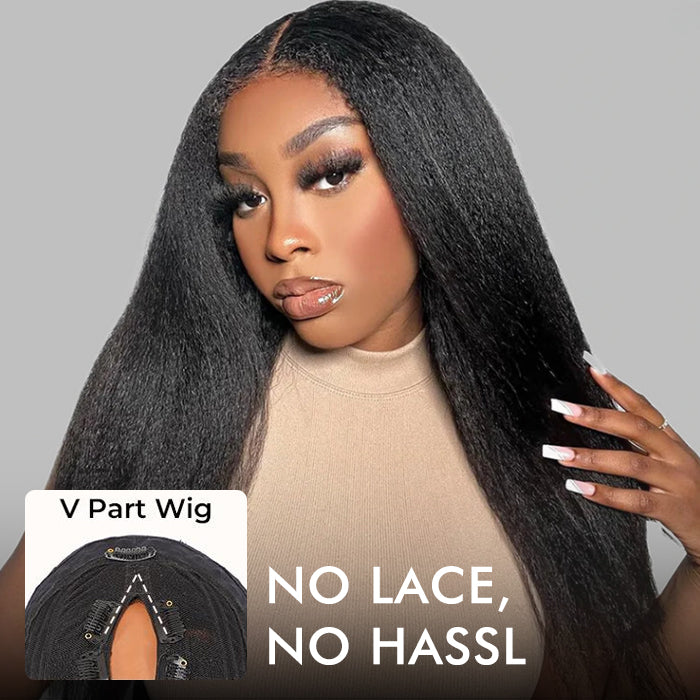 V/U Part Wig Natural Kinky Straight Glueless Wigs 100% Human Hair Meets Real Scalp Natural Density