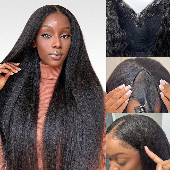 V/U Part Wig Natural Kinky Straight Glueless Wigs 100% Human Hair Meets Real Scalp Natural Density