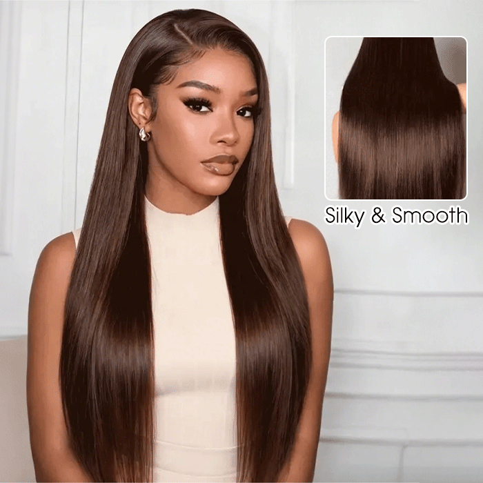 #4 Chocolate Brown Straight V/U Part Wig No Leave Out Glueless Human Hair Wigs Beginner Friendly