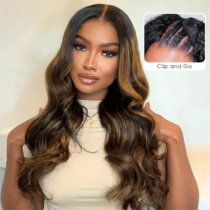Body Wave V/U Part Wigs Highlight Balayage Colored Virgin Human Hair Glueless Wigs Beginner Friendly
