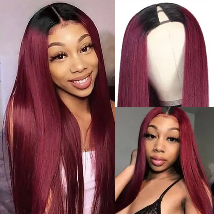 Glueless 1B/99J Straight V/U Part Lace Wig No Leave Out Ombre Burgundy v Part Wig Human Hair