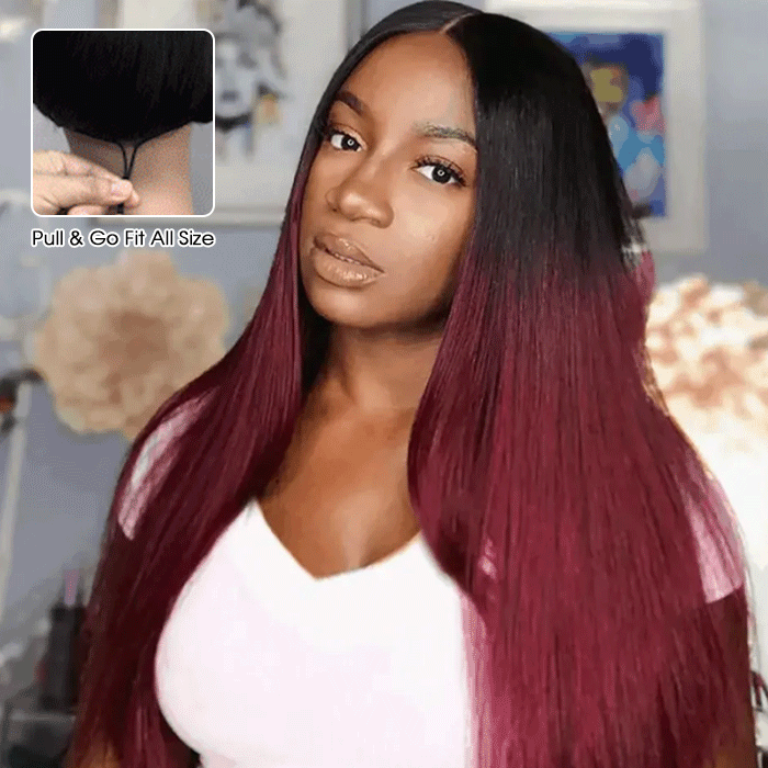 Glueless 1B/99J Straight V/U Part Lace Wig No Leave Out Ombre Burgundy v Part Wig Human Hair