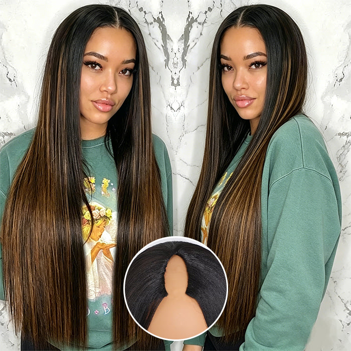 Hot Highlight Balayage Straight V/U Part Wig No Leave Out Glueless Human Hair Wigs Beginner Friendly