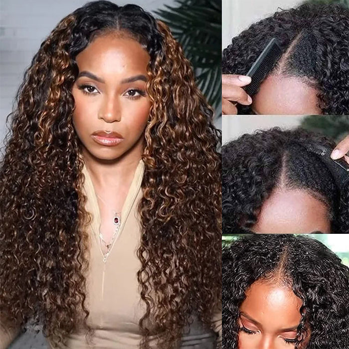 V/U Part Wig Curly Balayage Highlight Color Wigs Human Hair Beginner Friendly No Lace