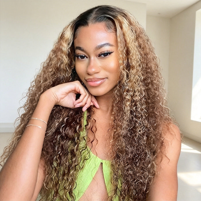 4/27 Blonde Highlights Jerry Curly V/U Part Human Hair Wig Beginner Friendly No Lace