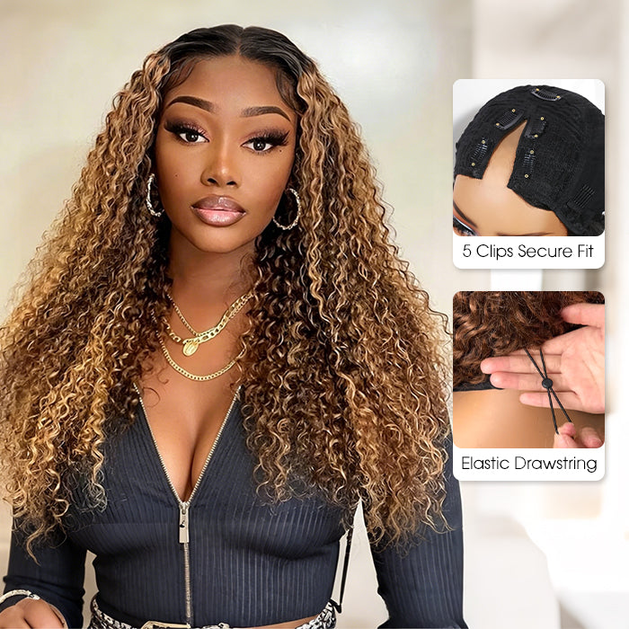4/27 Blonde Highlights Jerry Curly V/U Part Human Hair Wig Beginner Friendly No Lace