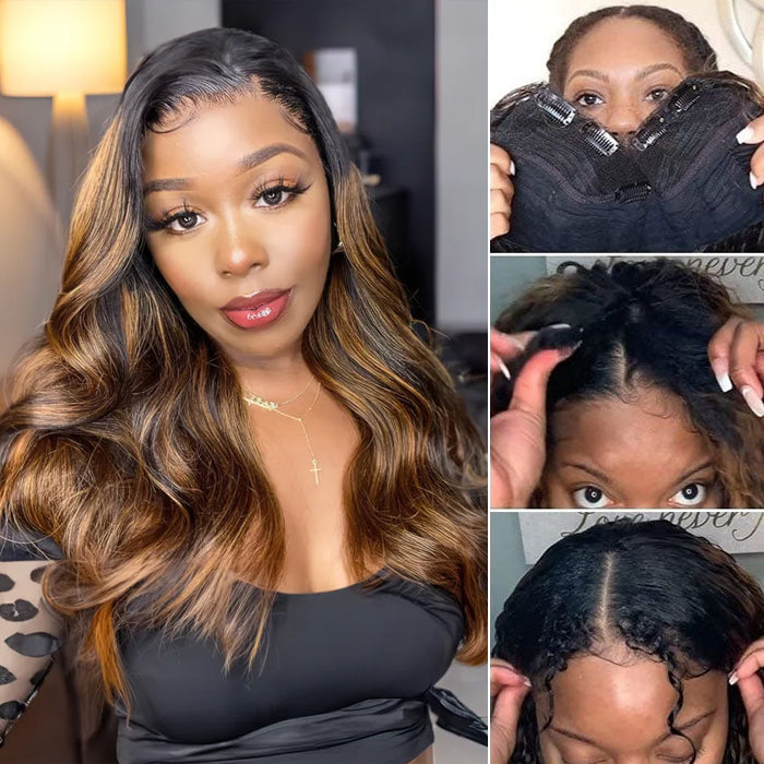 Body Wave V/U Part Wigs Highlight Balayage Colored Virgin Human Hair Glueless Wigs Beginner Friendly