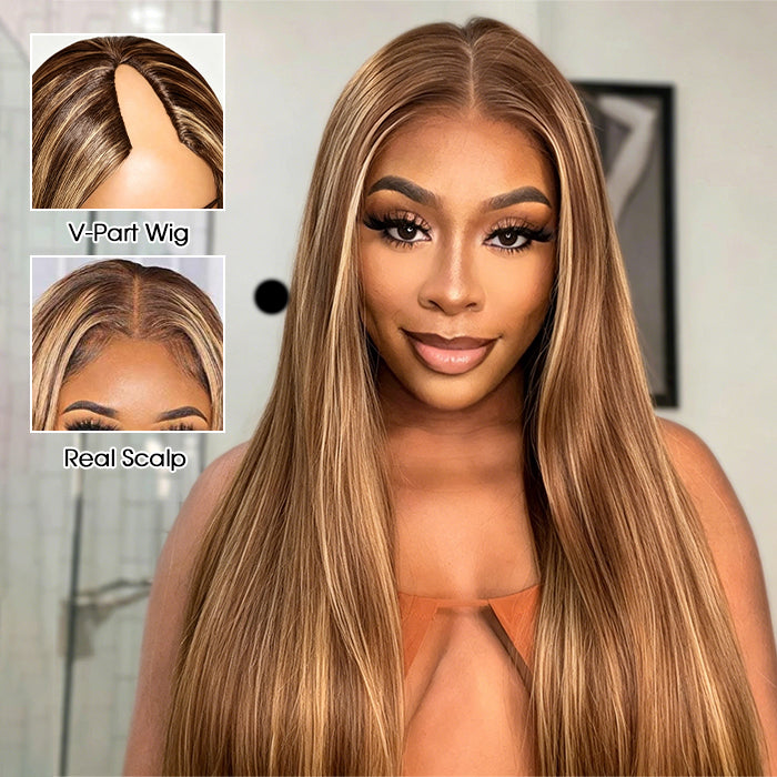 4/27 Blonde Highlight V/U Part Wigs Human Hair Straight V Part Wig Human Hair Minimal Leave Out No Lace