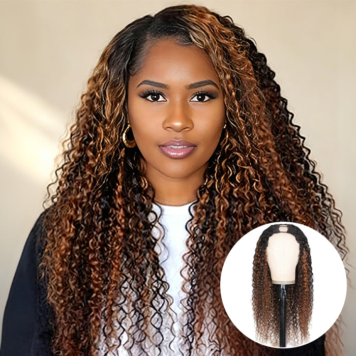 V/U Part Wig Curly Balayage Highlight Color Wigs Human Hair Beginner Friendly No Lace