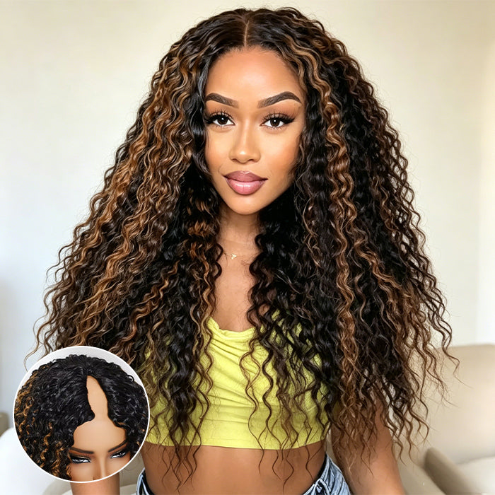 Water Wave V/U Part Wig Balayage Highlight Color Wigs Human Hair Beginner Friendly No Lace