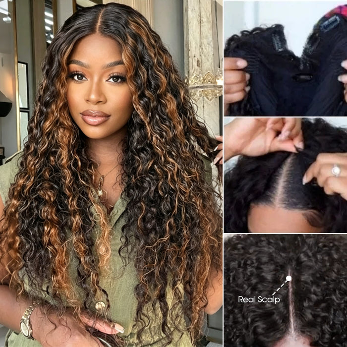 Water Wave V/U Part Wig Balayage Highlight Color Wigs Human Hair Beginner Friendly No Lace