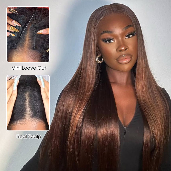 #4 Chocolate Brown Straight V/U Part Wig No Leave Out Glueless Human Hair Wigs Beginner Friendly