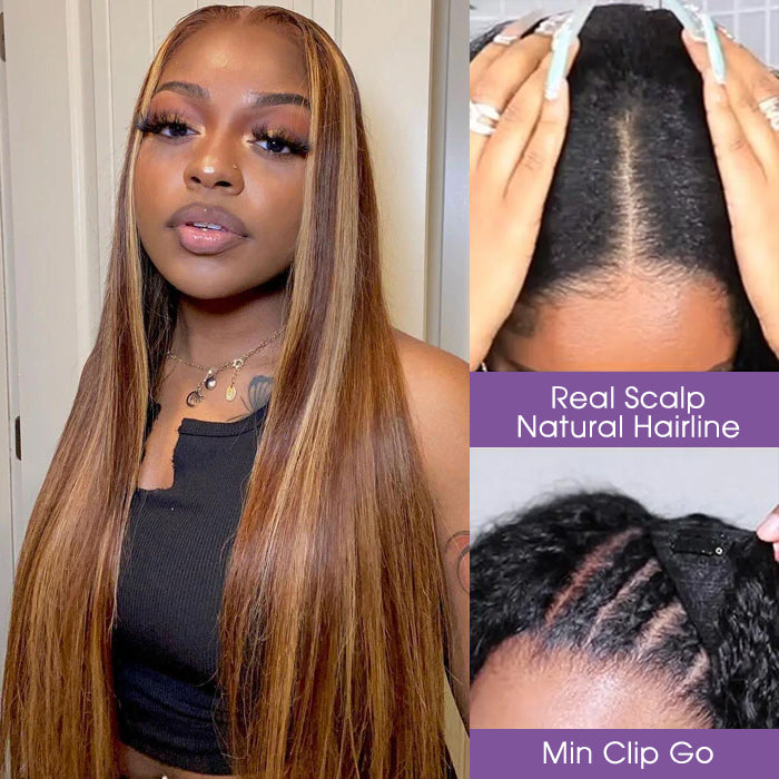 4/27 Blonde Highlight V/U Part Wigs Human Hair Straight V Part Wig Human Hair Minimal Leave Out No Lace