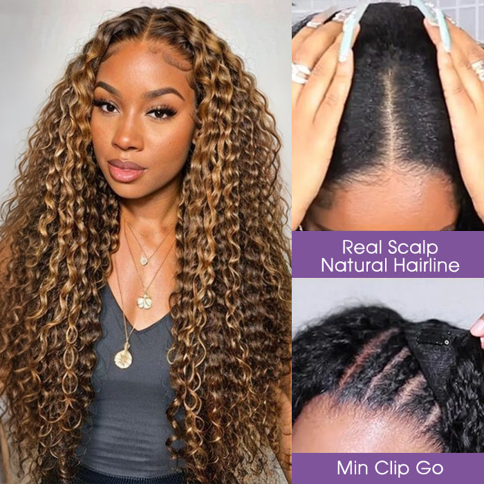 Deep Wave 4/27 Blonde Highlights V/U Part Human Hair Wig Beginner Friendly No Lace Meets Real Scalp