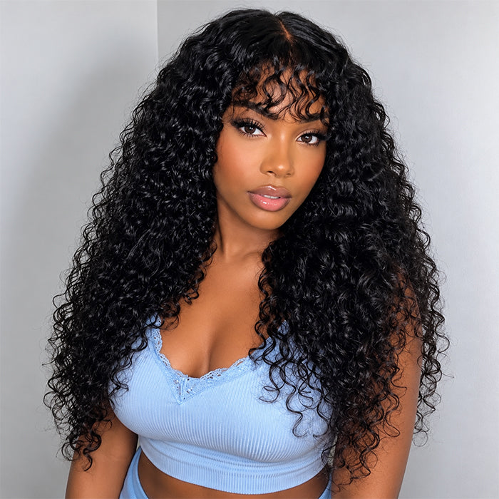 Water Wave Human Hair Wig With Bangs Glueless Wigs Pre Cut 5x5 HD Lace Wigs With Bangs