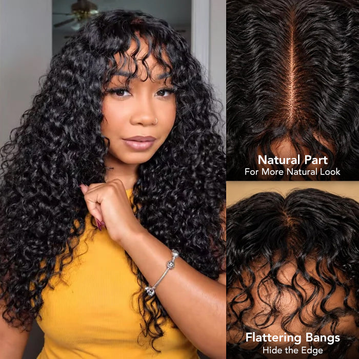 Water Wave Human Hair Wig With Bangs Glueless Wigs Pre Cut 5x5 HD Lace Wigs With Bangs