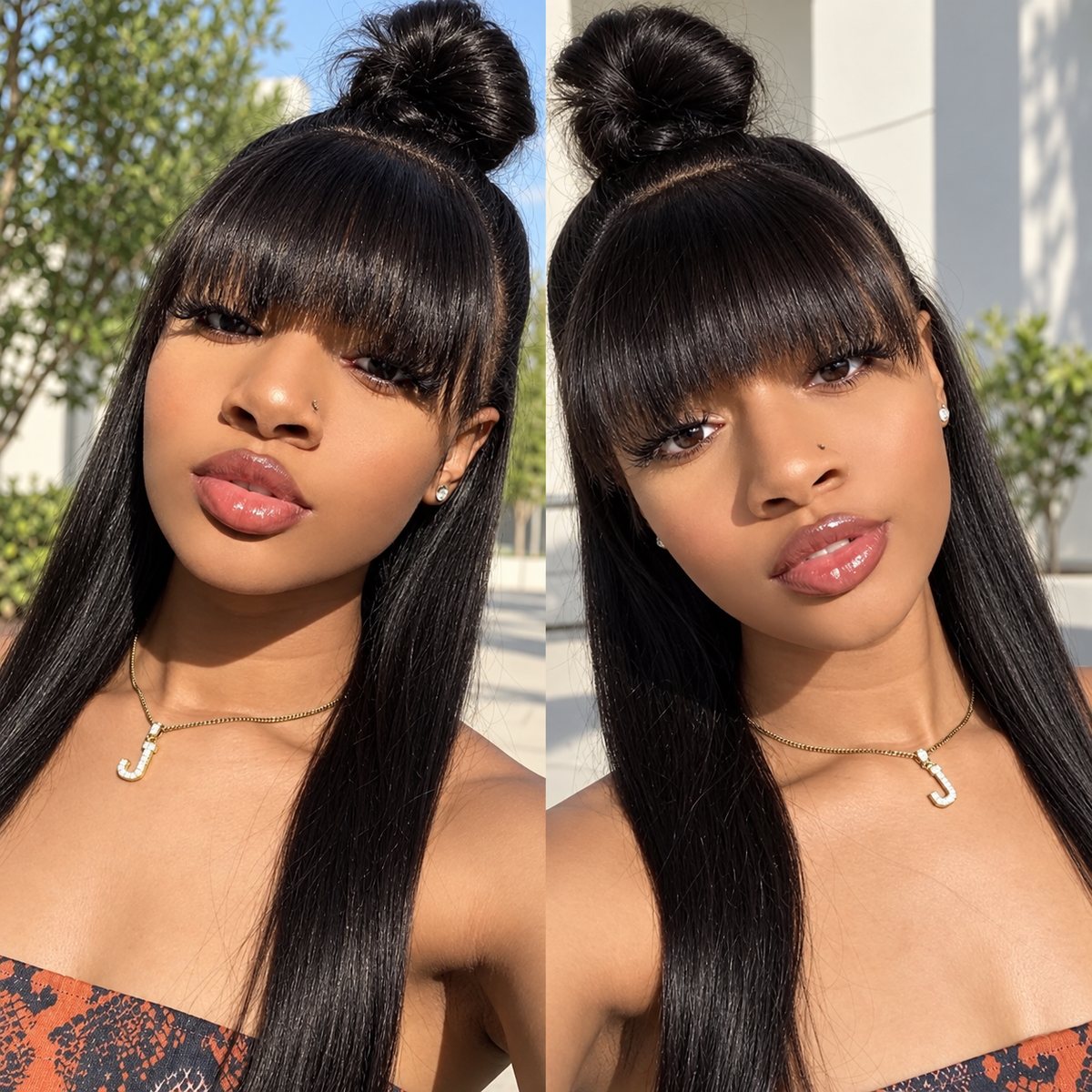 Glueless Human Hair Wigs with Bangs for Black Women Straight 5x5 HD Lace Wigs With Bangs