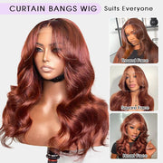 #33 Reddish Brown Curtain Bangs Wigs 13x4 HD Lace Front Human Hair Wig