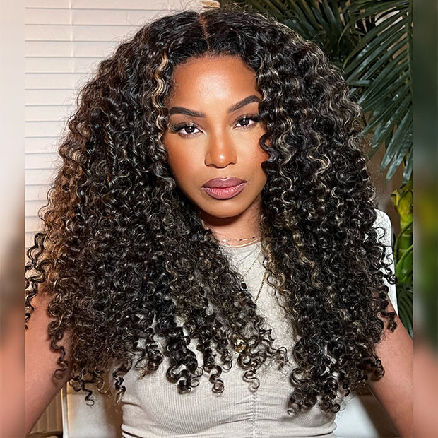 Flash Sale-Blonde Highlight Curly Human Hair Wigs 4x4 HD Lace Closure Wigs