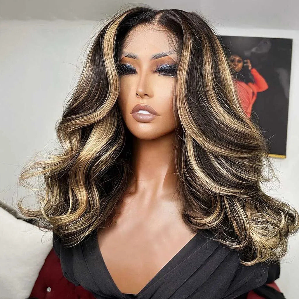 #1B/27 Blonde Highlight Body Wave 8x5 HD Glueless Lace Wig 100% Human Hair Pre Plucked  Natural Hairline 10A Quality
