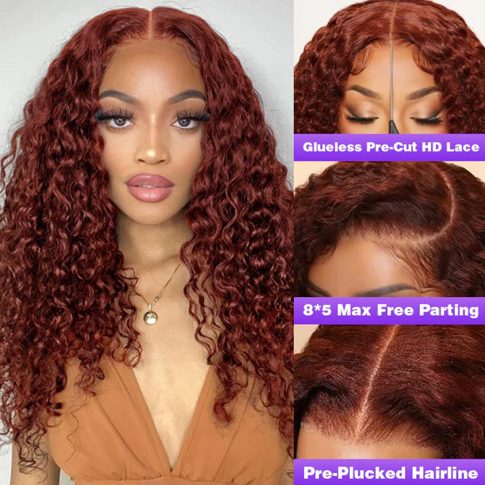 8x5 HD Lace Glueless Wig 33# Reddish Brown Water Wave 100% Human Hair Wig 10A Quality