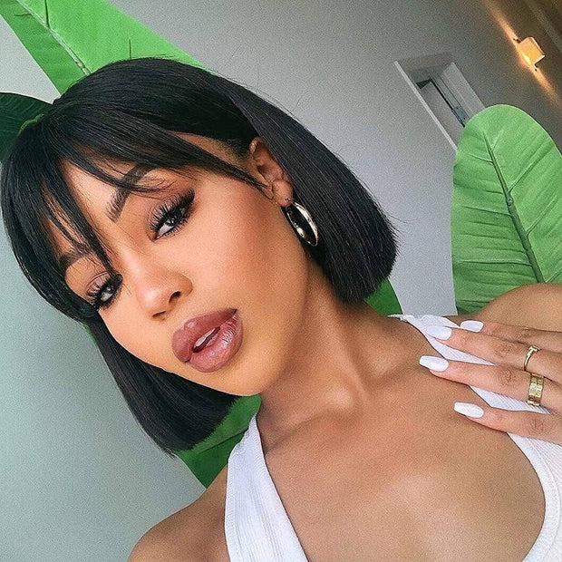 Curly Short Bob Wig With Bangs None Lace Full Machinemade Human Hair Wigs Glueless Beginner Friendly
