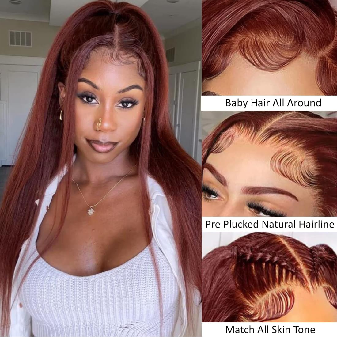 #33 Reddish Brown Color Kinky Straight 13x4 Lace Frontal Human Hair Wig S M L Cap