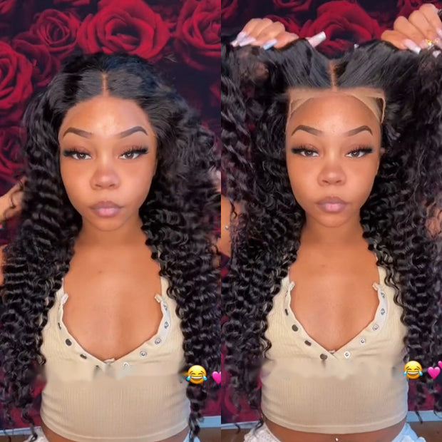 Deep Wave Glueless Wear & Go Wigs 8x5 Pre Cut HD Lace Closure Wigs with Pre Bleached Knots