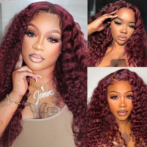 #99J Burgundy Wig Deep Wave Glueless Ready & Go Pre Cut Lace Closure Wig with Natural Hairline