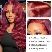 Glueless Wear & Go Wig Upgrade 8*5 Pre Cut HD Lace Closure Wigs #99J Burgundy Color