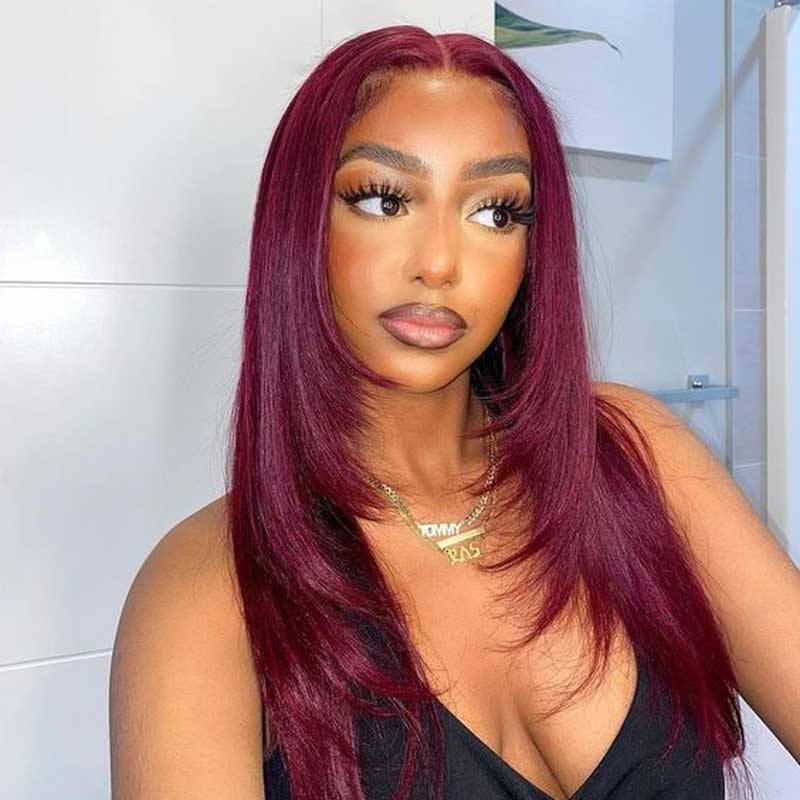 Burgundy Wig Long layers Lacefront Wig Chicago wig 99J Burgundy Lace Front Wig Straight Human Hair – Black Show  main image 4