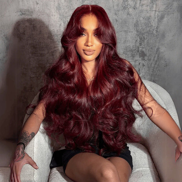 99J Burgundy Curtain Bangs Wigs Body Wave 13x4/13x6 HD Lace Glueless Wigs