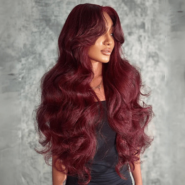 99J Burgundy Curtain Bangs Wigs Body Wave 13x4/13x6 HD Lace Glueless Wigs