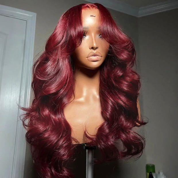 99J Burgundy Curtain Bangs Wigs Body Wave 13x4/13x6 HD Lace Glueless Wigs