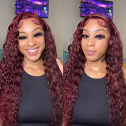 Deep Wave 13x4 HD Lace Front Wigs Burgundy 99J Color Human Hair Wigs With Pre-plucked Hairline