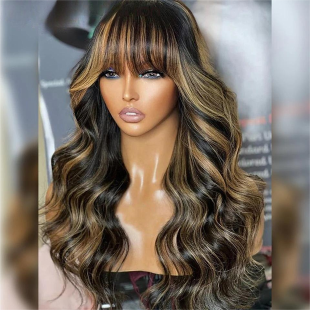 Blonde Highlights Body Wave Human Hair Wigs with Bangs Glueless 13*4 HD Lace Front Wigs